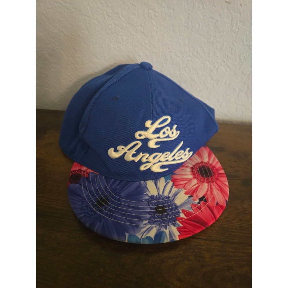 Los Angeles Baseball Cap Floral Flat Brim Adjustable Blue